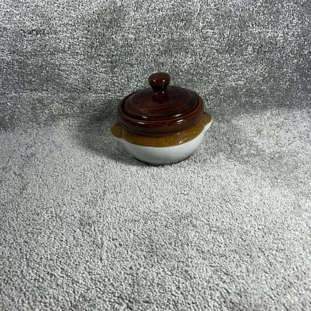 Bean Pot Brown Tan Cream Stoneware Mini Crocks Set of 2 with 1 Lid
